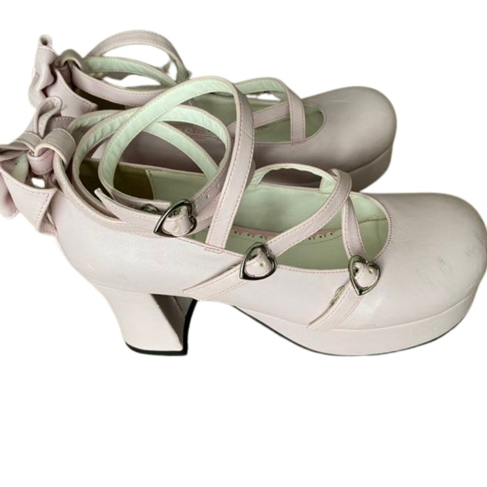 Kawaii Angelic Imprint Baby Pink Strappy Lolita Heels with Bow - Picture 1 of 7